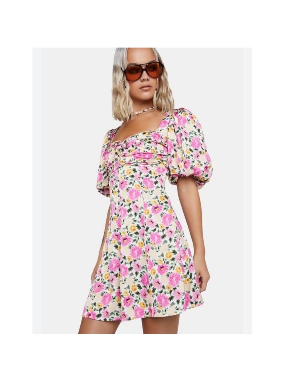 For Love and Lemons Sasha Pink Floral Puff Sleeve Mini Dress size M - Picture 10 of 16